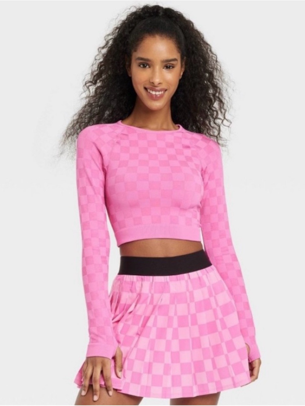 Joy Labs Pink Women's Long Sleeve Jacquard Seamless Checkered Workout Top